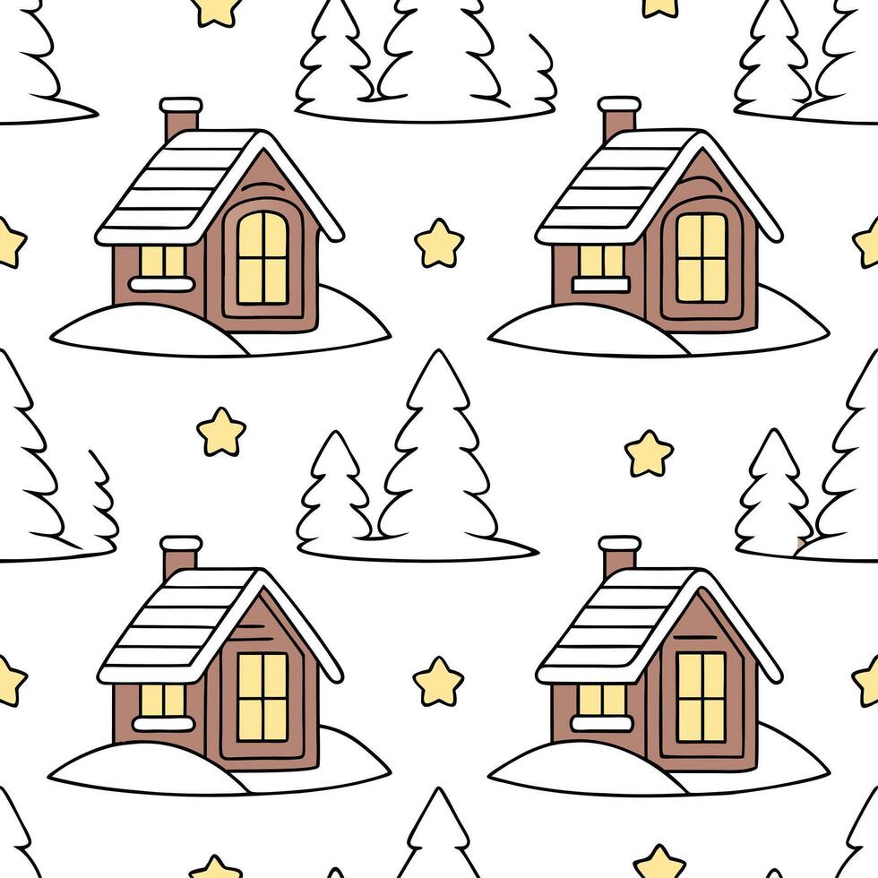 Cozy winter cabin seamless tile pattern with snow covered rooftops and warm lights concept as Snow covered rooftops and warm lights on cozy cabins create a seamless tile pattern pe Clean Set 2 vector