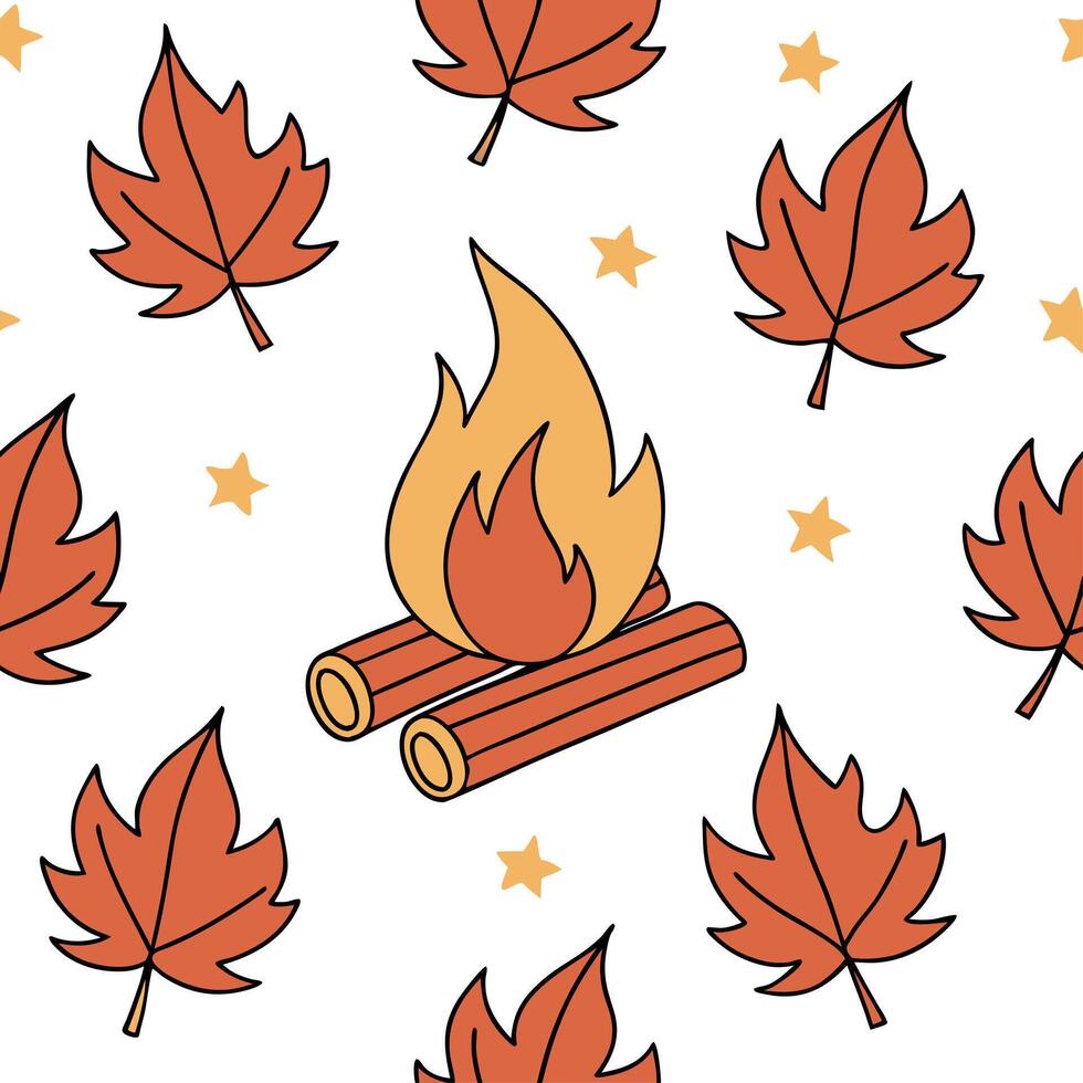 Cozy bonfire and fall leaves seamless tile pattern with warm autumn tones concept as Warm bonfire flames and fall leaves create a cozy autumn seamless tile pattern perfect for fall Clean vector