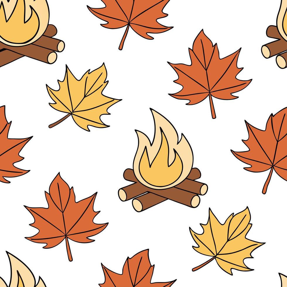 Cozy campfire seamless tile pattern with warm flames and autumn foliage concept as Warm campfire flames and autumn foliage create a cozy seamless tile pattern perfect for fall deco Clean vector