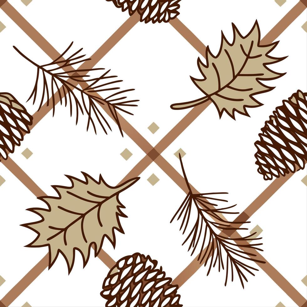 Cozy autumn plaid and pinecones seamless tile pattern with warm colors and rustic textures concept as Autumn plaid combined with pinecones creates a cozy seamless tile pattern with Clean vector