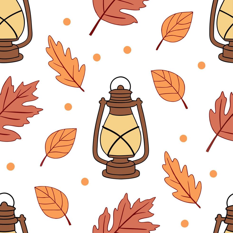 Cozy autumn lanterns seamless tile pattern with warm lights and fall foliage concept as Warm lit autumn lanterns and fall foliage create a cozy seamless tile pattern perfect for fa Clean vector