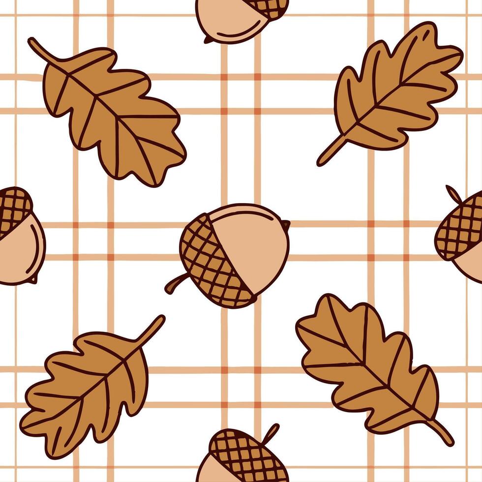 Cozy autumn plaid and acorns seamless tile pattern with warm colors and rustic textures concept as Autumn plaid combined with warm acorns create a rustic seamless tile pattern with Clean vector