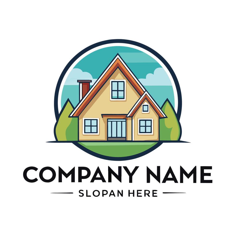 a house logo with a tree and a house in the background vector