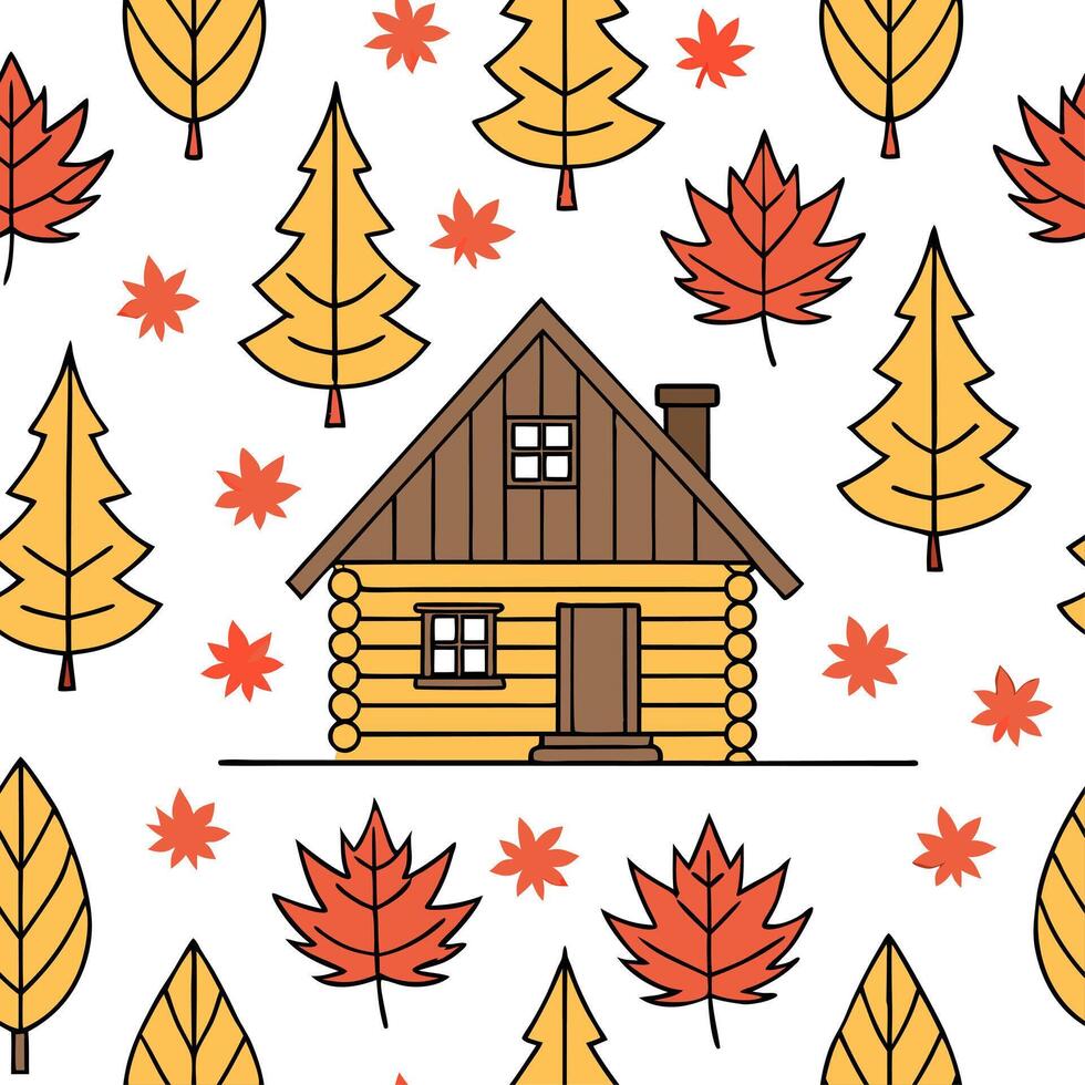 Cozy autumn cabin seamless tile pattern with pine trees leaves and warm lights concept as Pine trees colorful leaves and warm lights create a cozy autumn cabin seamless tile patter Clean vector