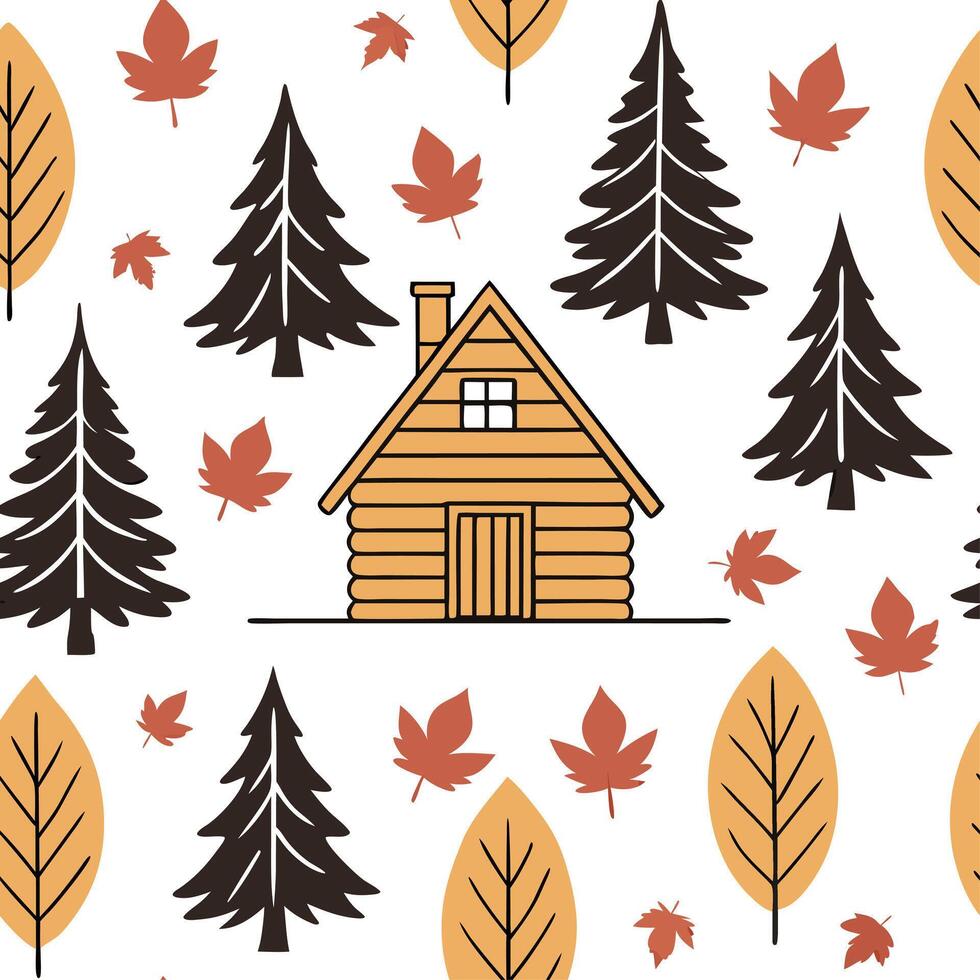 Cozy autumn cabin silhouette seamless tile pattern with pine trees and colorful leaves concept as Pine trees and colorful leaves create a cozy autumn cabin silhouette seamless tile Clean vector