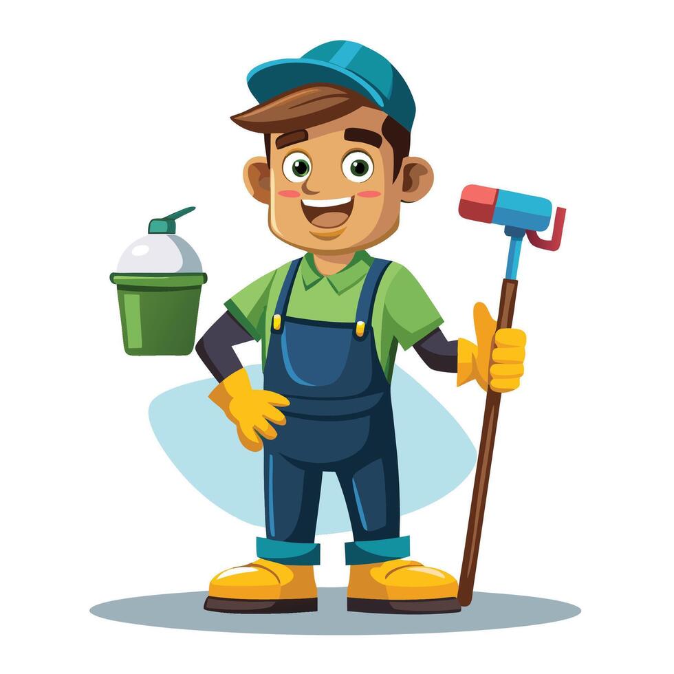 a cartoon man with a mop and bucket vector