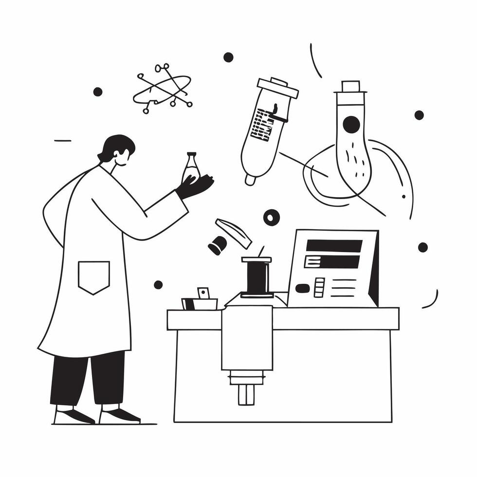 Cosmetic Scientist Conducting Clinical Trials in Lab with Copy Space concept as Mid shot of a cosmetic scientist conducting clinical trials in a high tech lab The camera tilts dow Clean vector