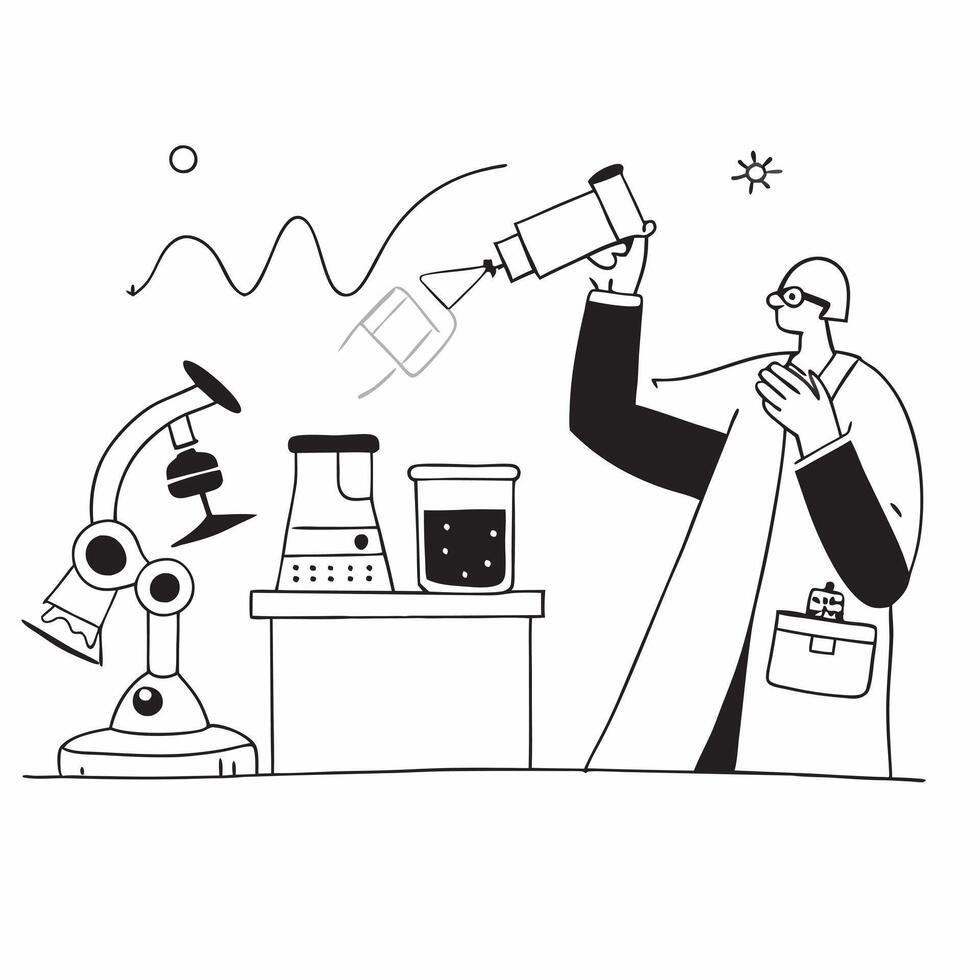 Cosmetic Chemist Developing Anti Aging Serum in Lab with Copy Space concept as Long shot of a cosmetic chemist developing an anti aging serum in a high tech lab The camera tilts d Clean Set 2 vector