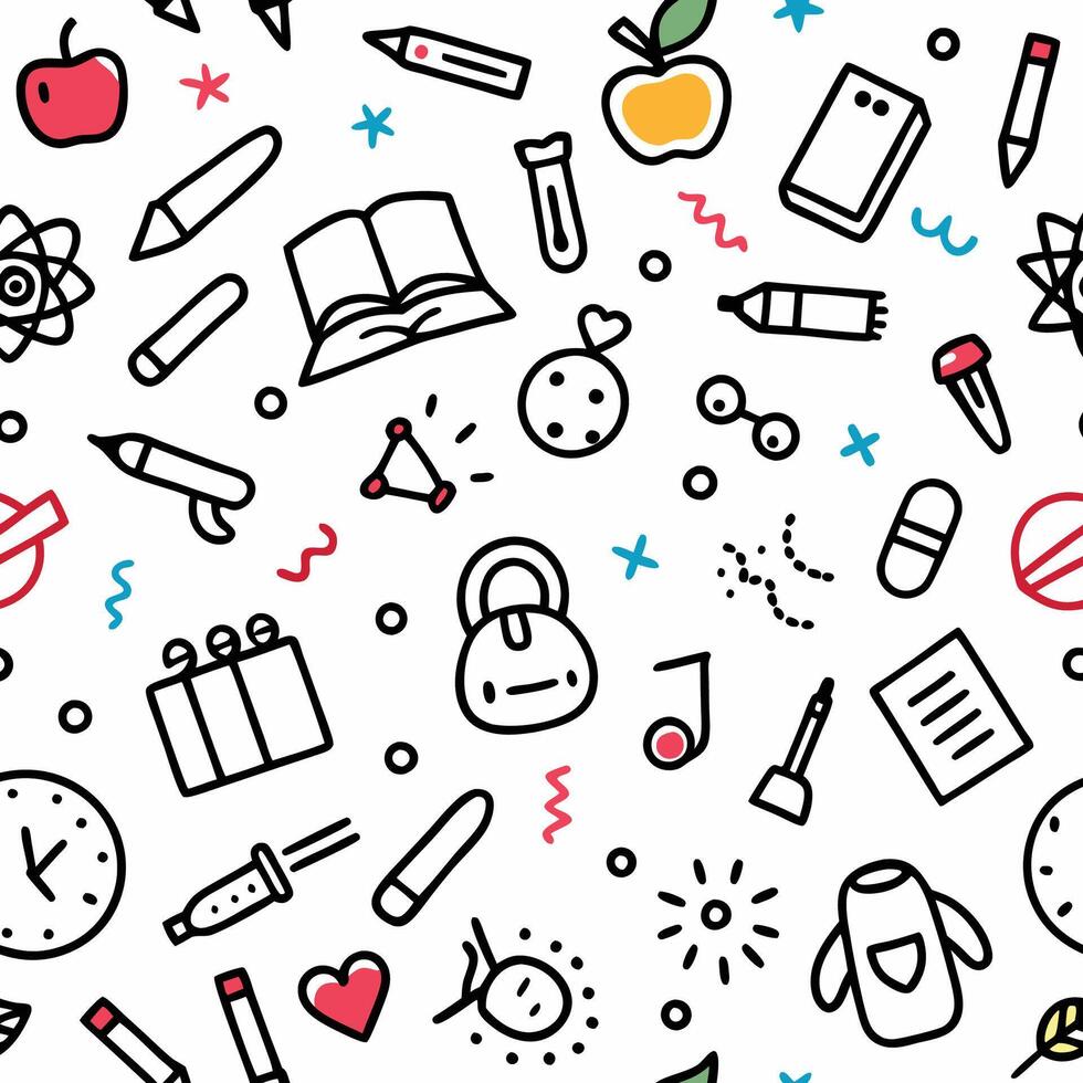 school supplies and school supplies icons seamless pattern vector