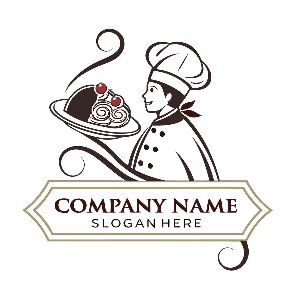 chef holding a plate with a cake logo design white background vector
