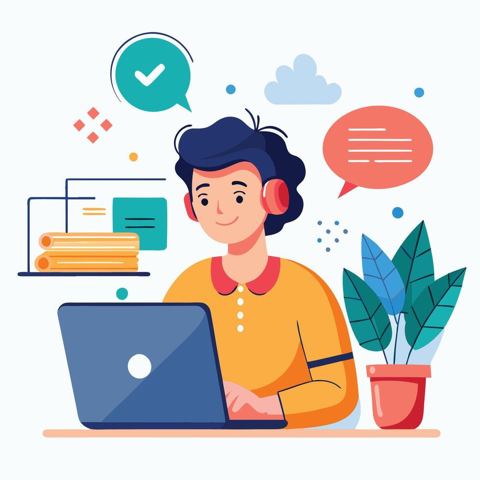 a man is working on his laptop with a headset white background vector