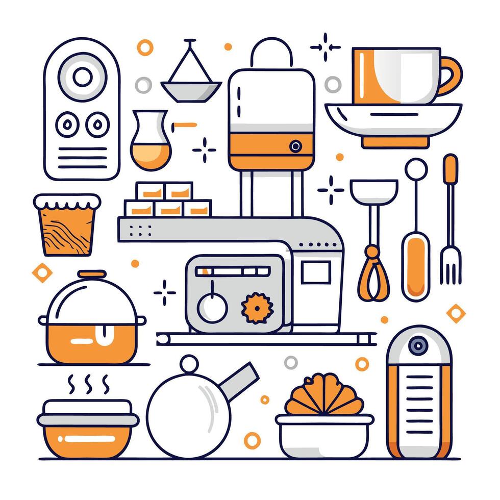 kitchen equipment and appliances line art illustration white background vector