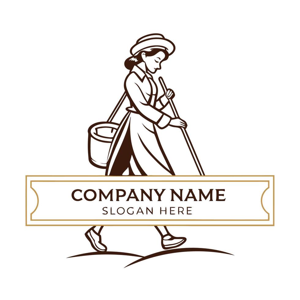 a woman with a bucket and a hat walking in the field white background vector