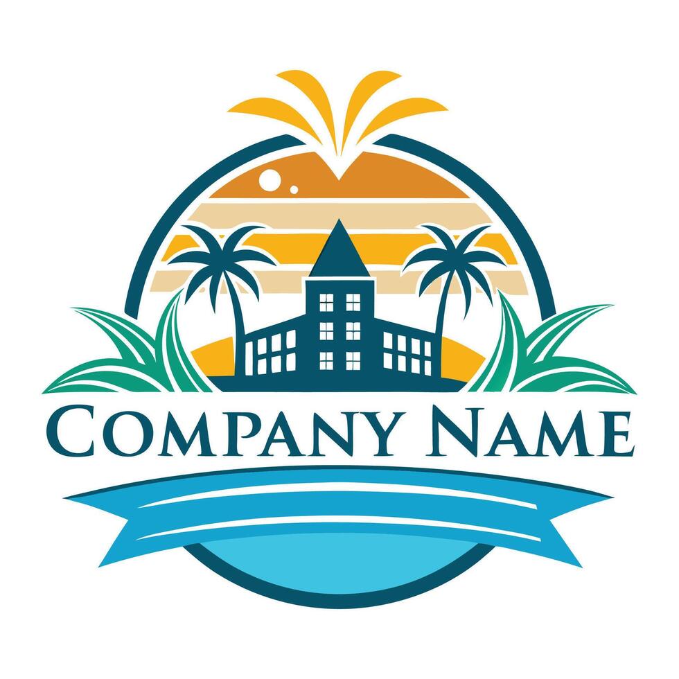 a logo for a company with palm trees and a house white background vector