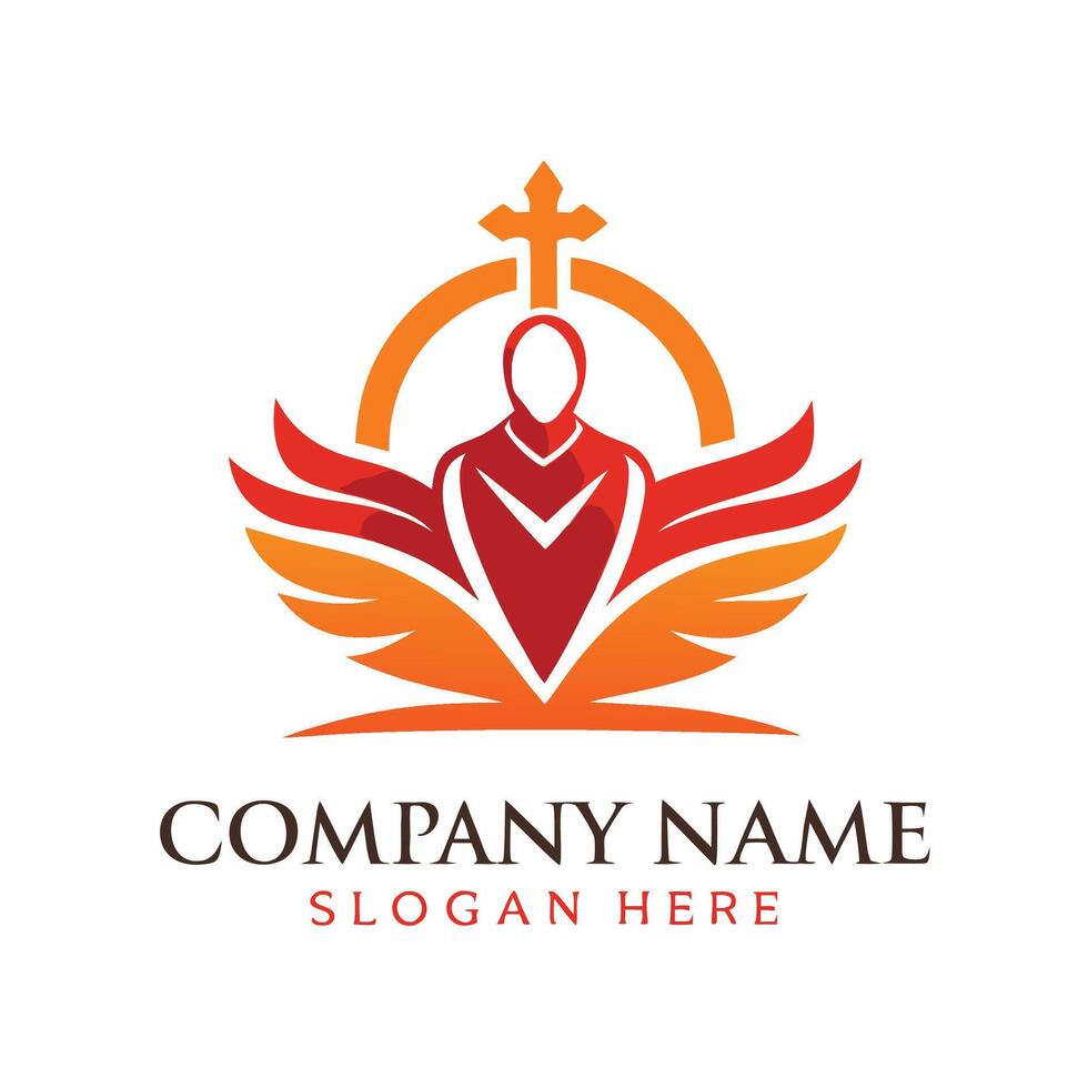 the logo for a company with a man holding a cross white background vector