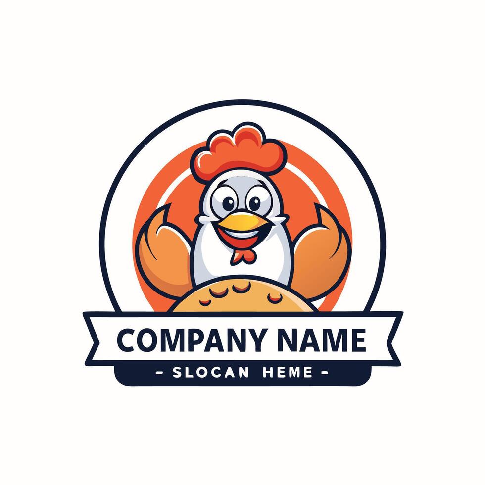 a chicken logo with a red hat and a circle around it white background vector
