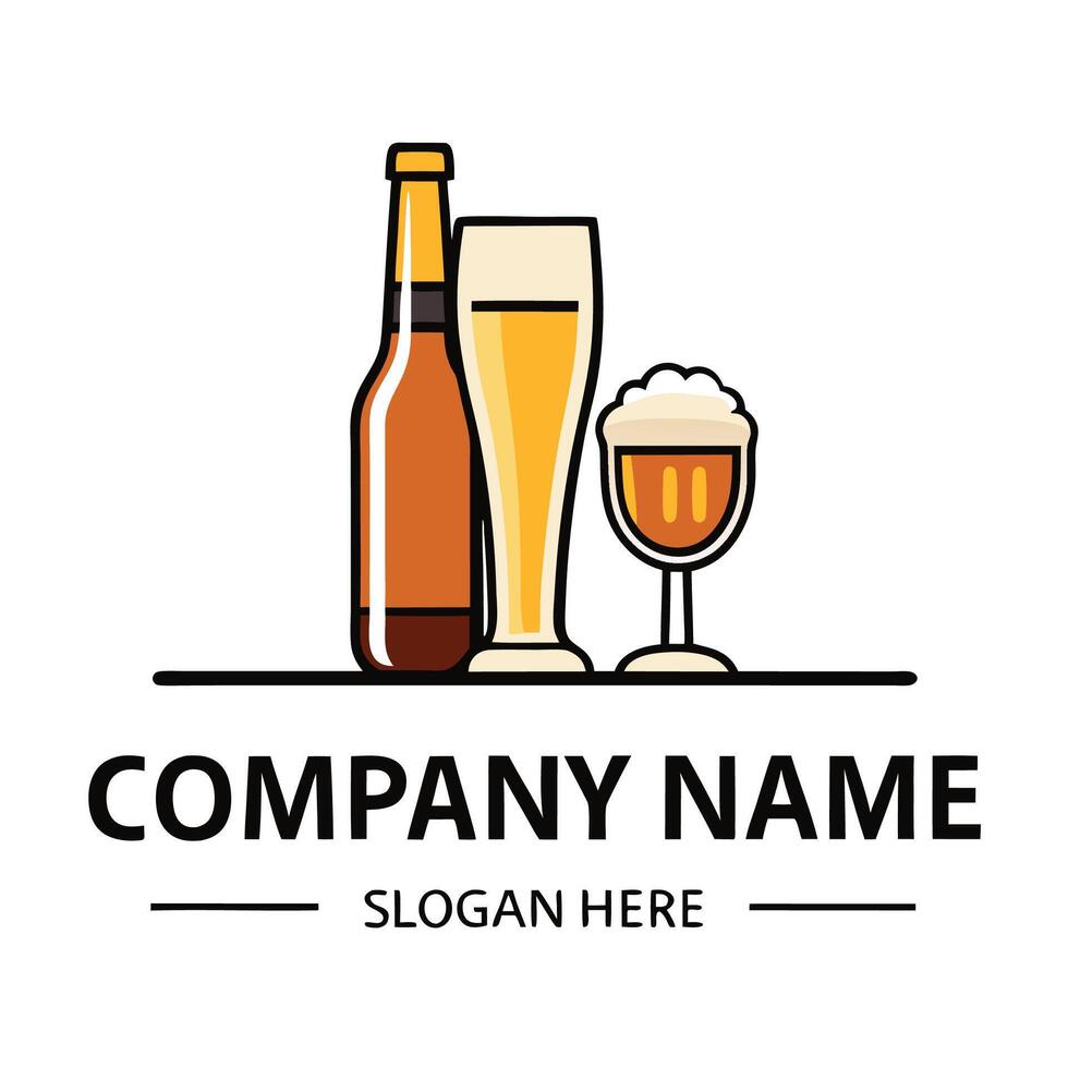 beer logo design template with bottle and glass white background vector