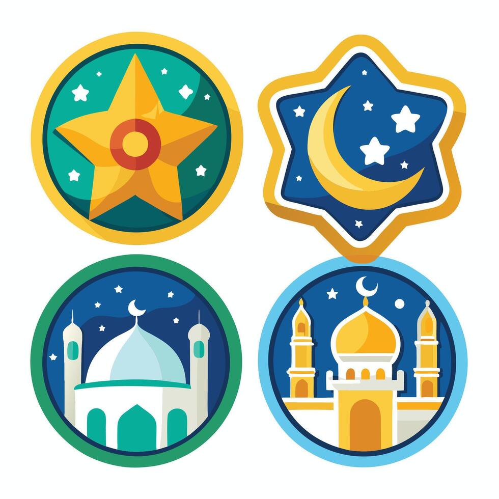 four different islamic icons, including a mosque, star and cre white backgroundscent vector