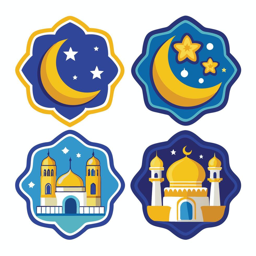 four different islamic icons, including a mosque, a crescent a white backgroundnd a star vector