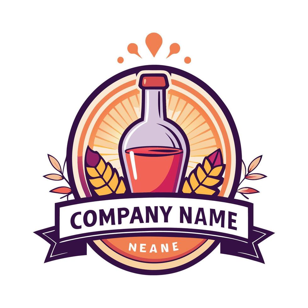 a bottle of wine with a label and a wreath white background vector