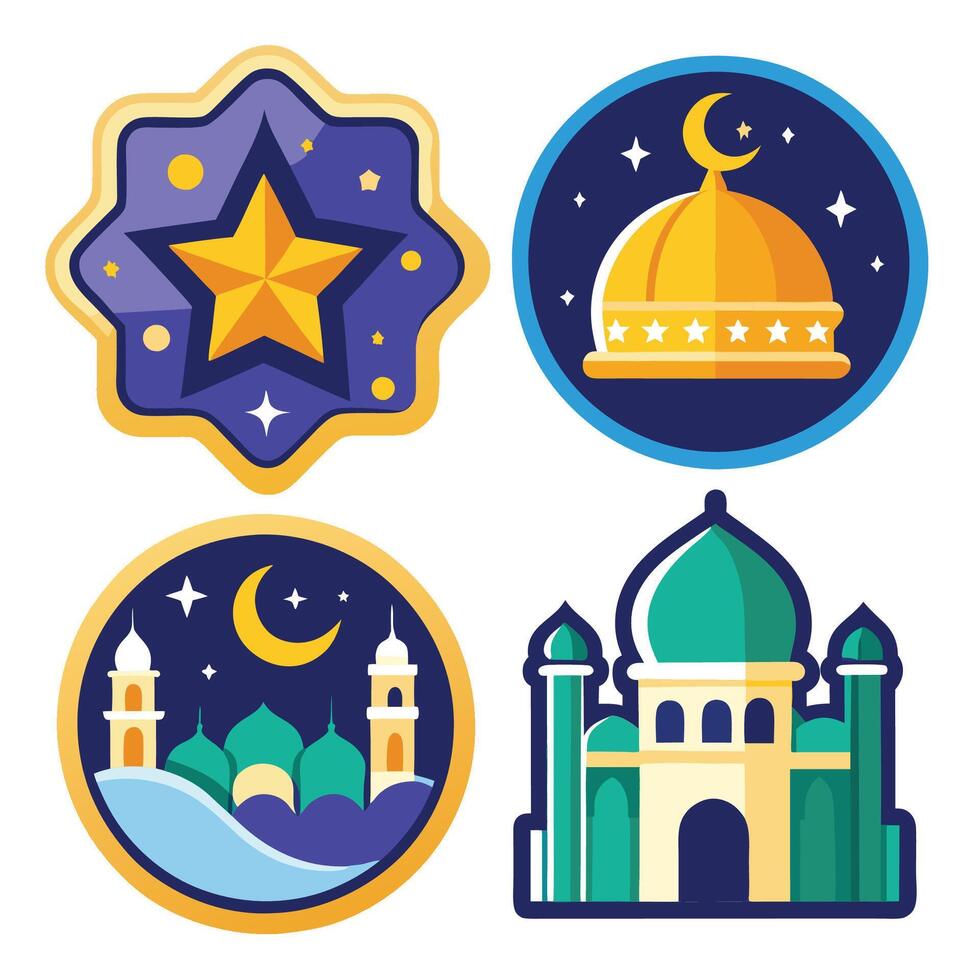 four different islamic icons, including a mosque, a star, and a white background mosque vector