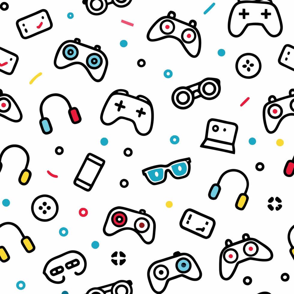 seamless pattern with game controllers other item white backgrounds vector
