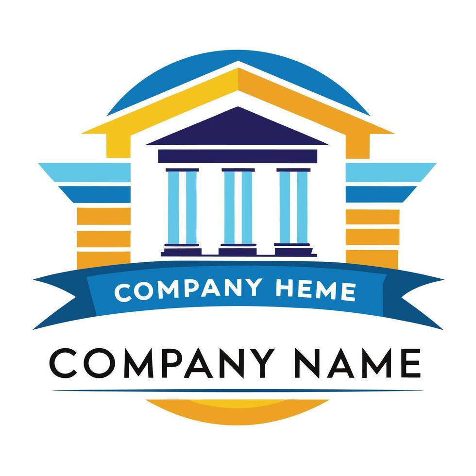 a company logo with a building and a banner white background vector