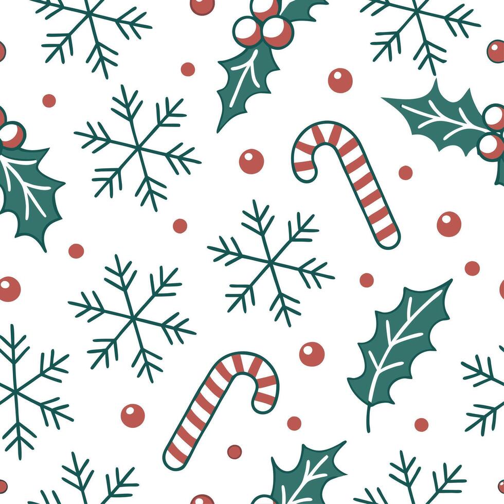 Christmas festive seamless tile pattern with holly candy canes ornaments and snowflakes in a cozy holiday theme concept as Classic Christmas motifs like holly ornaments candy canes Clean vector
