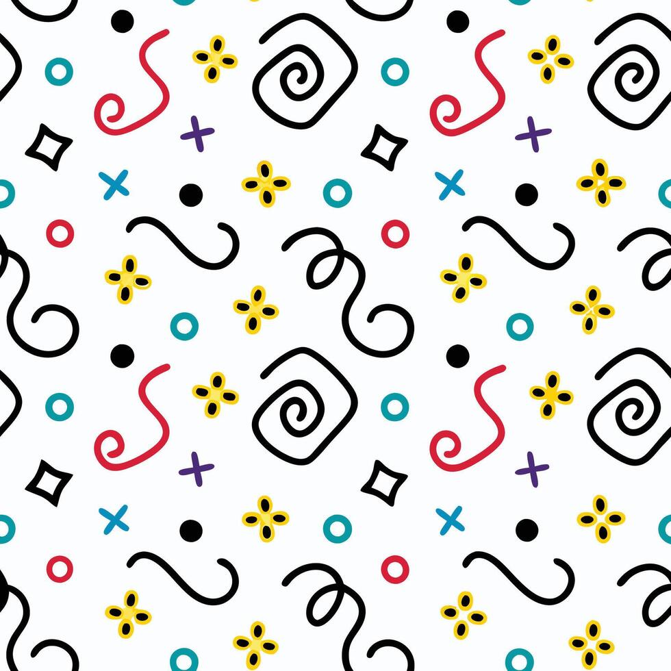 a colorful pattern with various shapes and letters white background vector