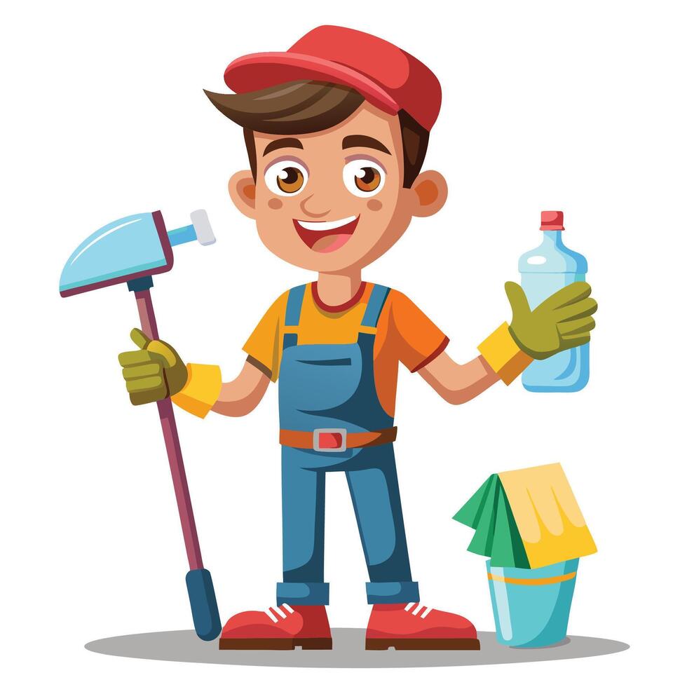 a cartoon boy with a mop and a bottle of water white background vector