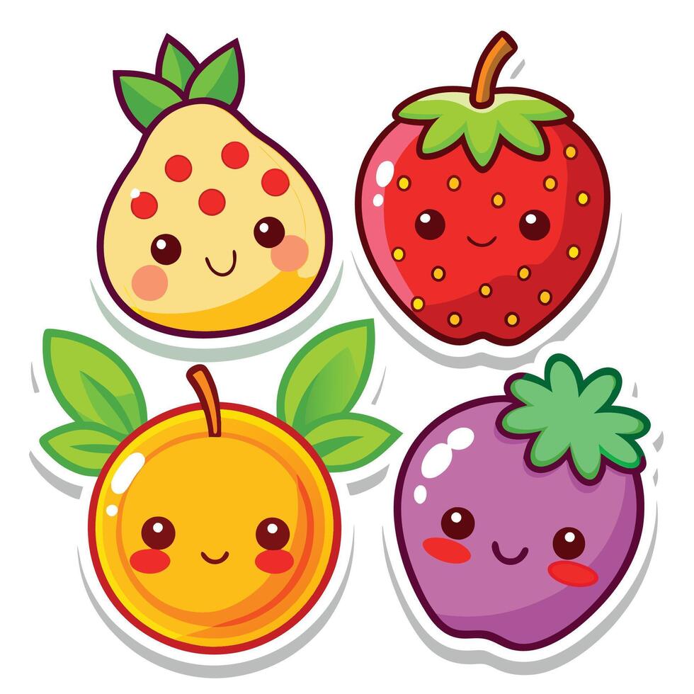 four stickers of fruit with faces and leaves vector