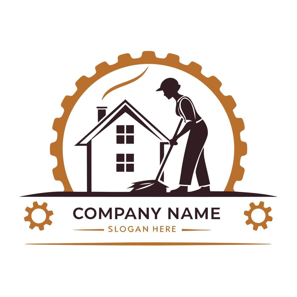a man with a shovel and a house logo white background vector