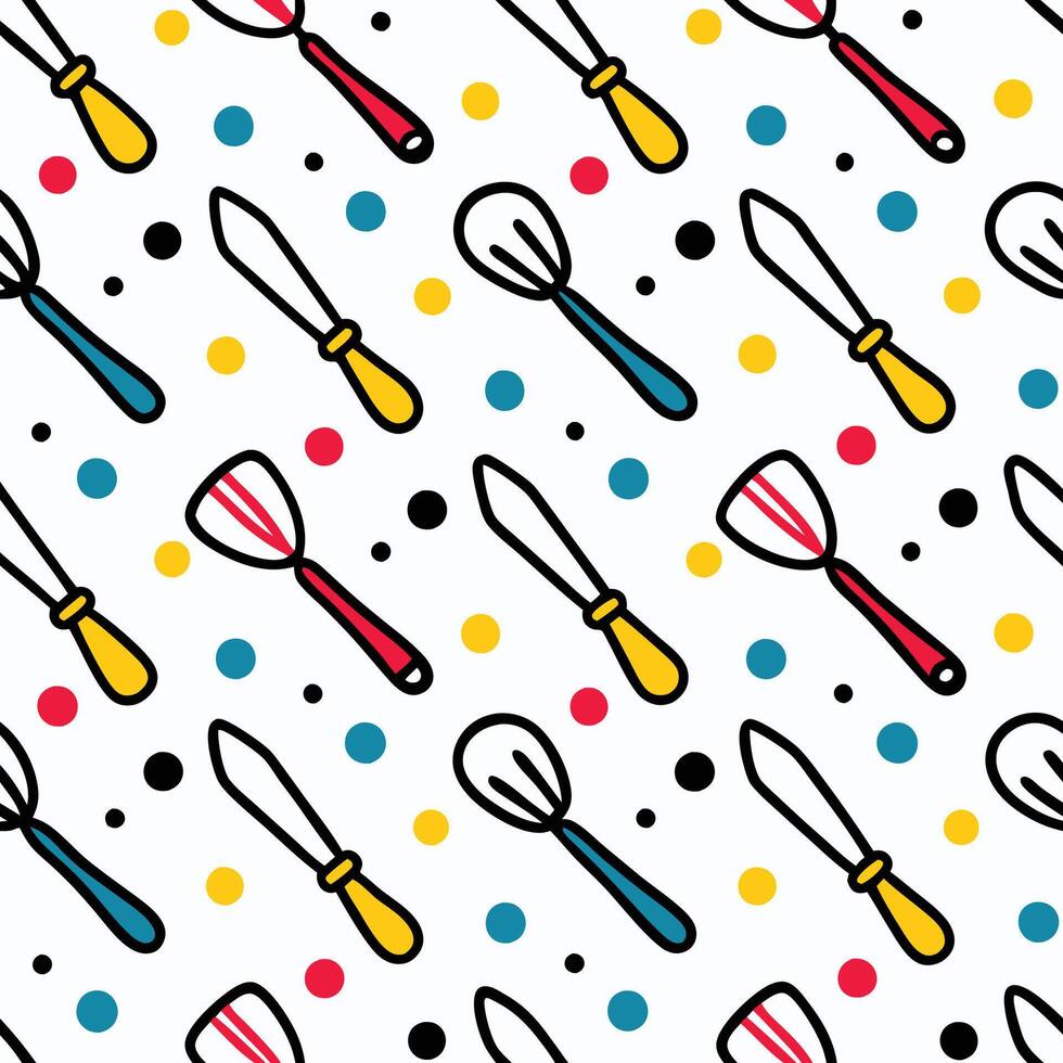 seamless pattern with kitchen utensils and polka dots white background vector