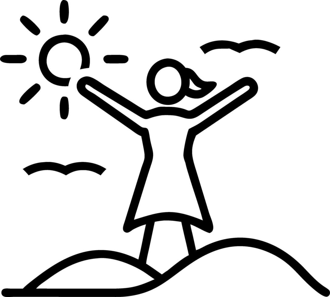 carefree happy woman enjoying nature grass meadow mountain cliff sunrise concept as A joyful woman stands on a grassy cliff at sunrise basking in the beauty of nature symbolizing f Clean vector
