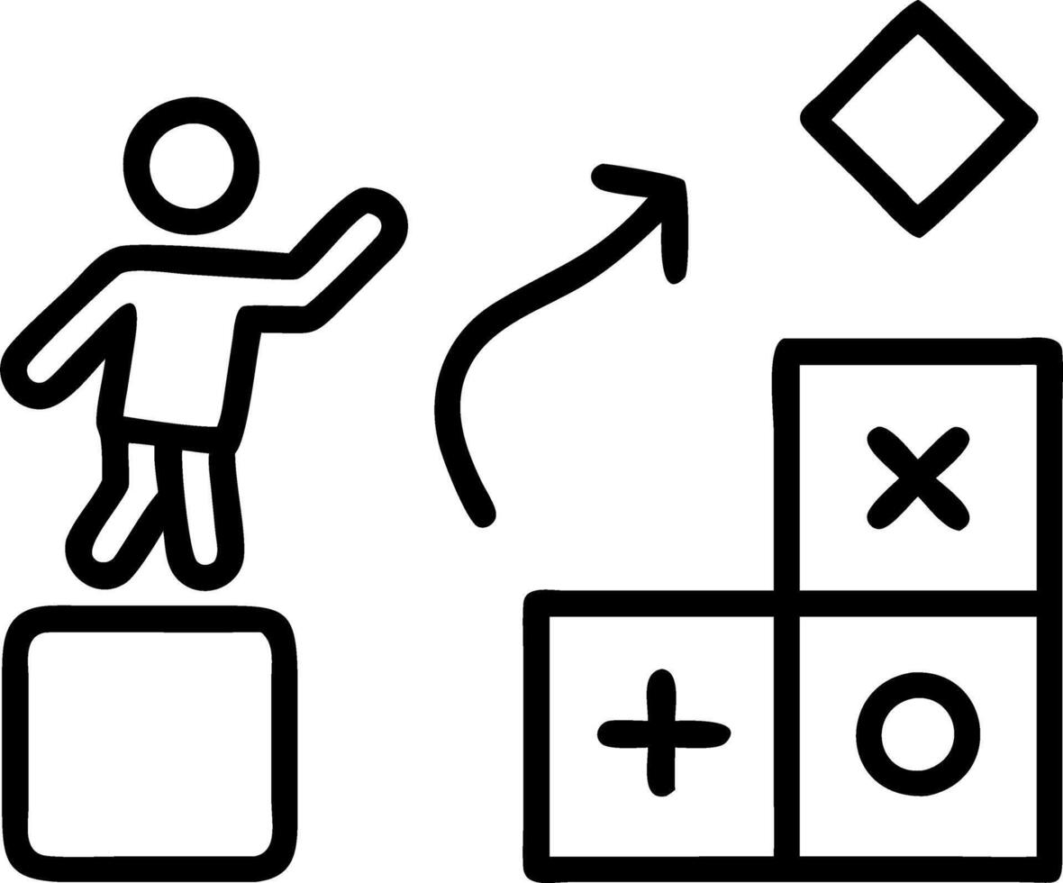 Businesswoman arranges wood blocks with strategy icons symbolizing business planning and actionable goals for success concept as Depicts systematic planning for business growth hi Clean vector