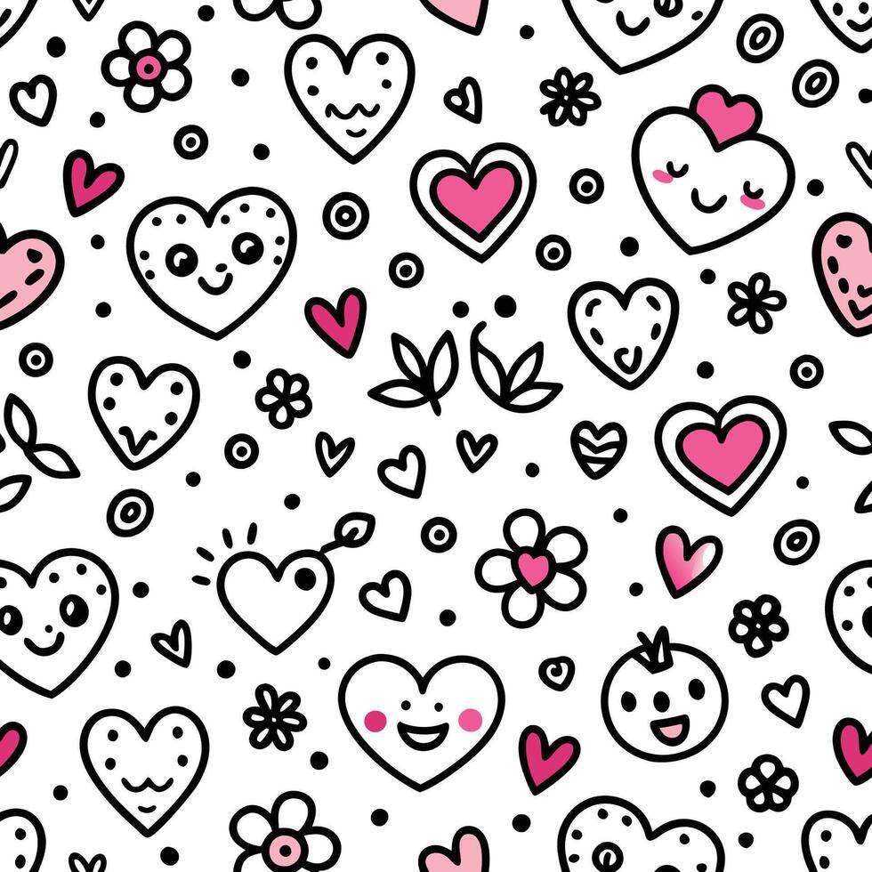 seamless pattern with hearts and flowers white background vector