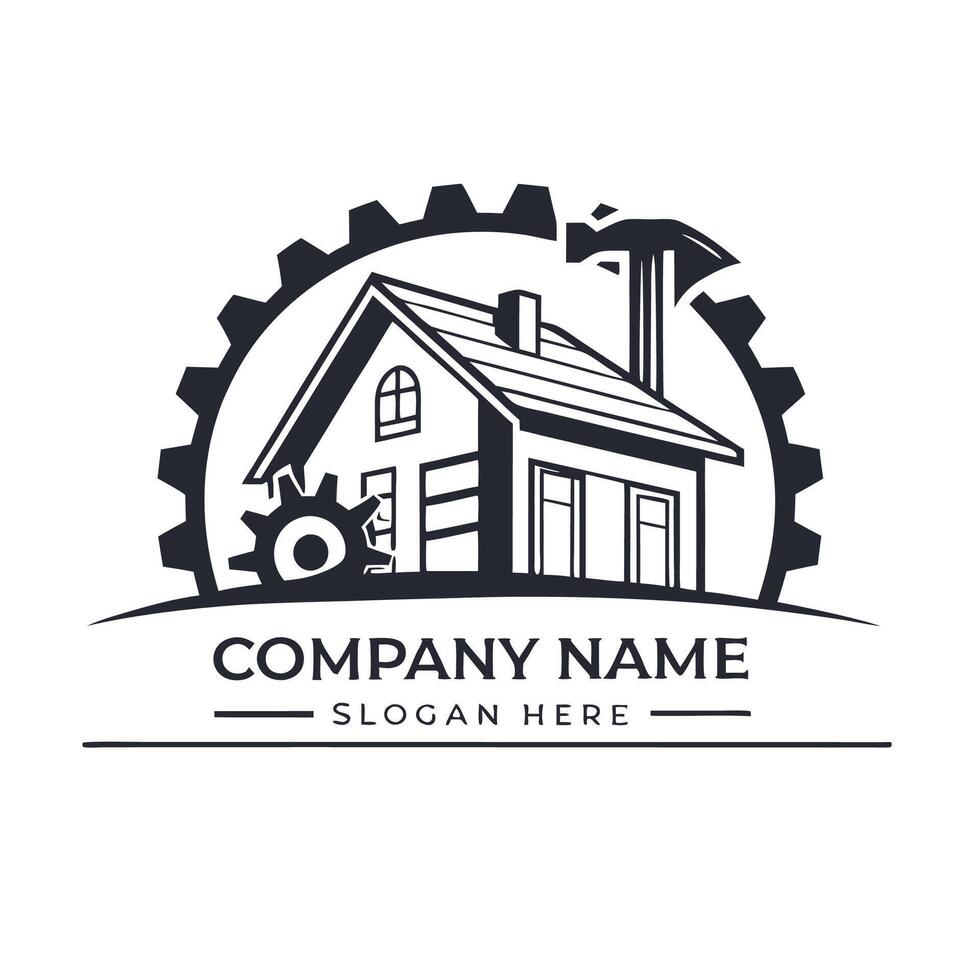 a house logo with gears and a hammer vector
