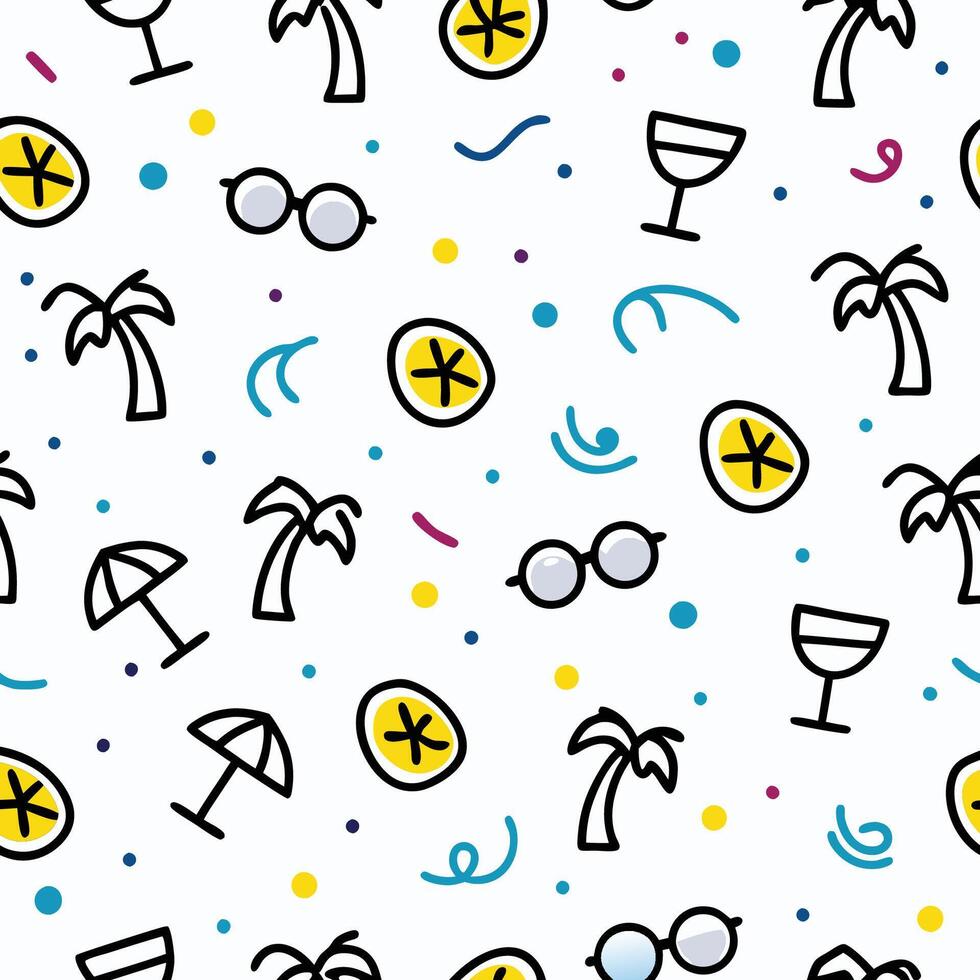 a seamless pattern with palm trees, glasses and umbrellas white background vector