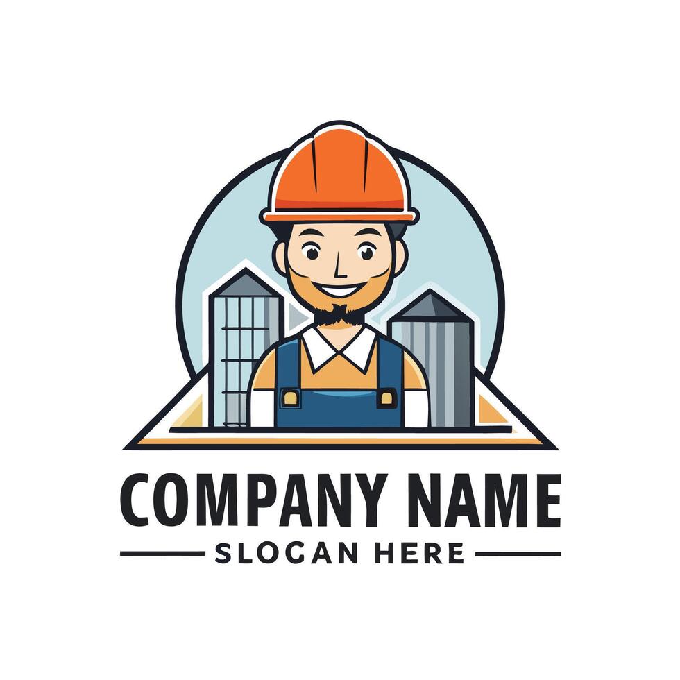 a construction worker logo with a building in the backgroun white backgroundd vector