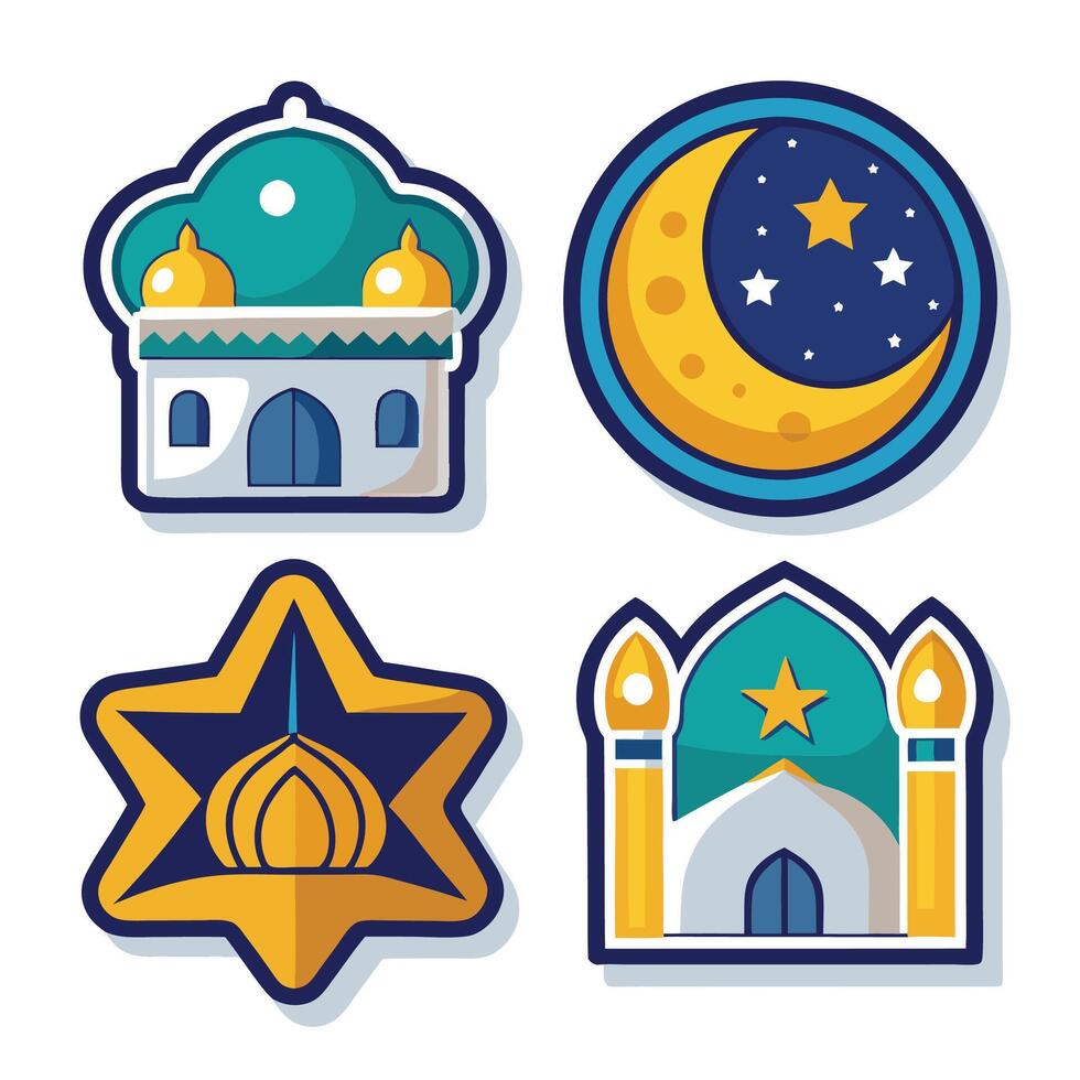 four different islamic icons, including a mosque, a mosque, a white background star and a c vector