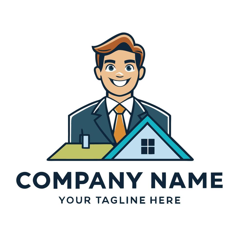 a man in a suit and tie standing in front of a house with a lo white backgroundgo for a real vector