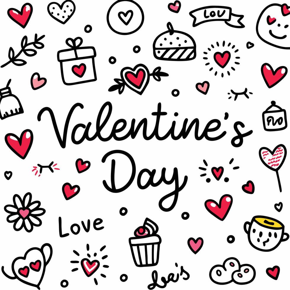 valentine's day doodle background with hearts and other sy white backgroundmbols vector