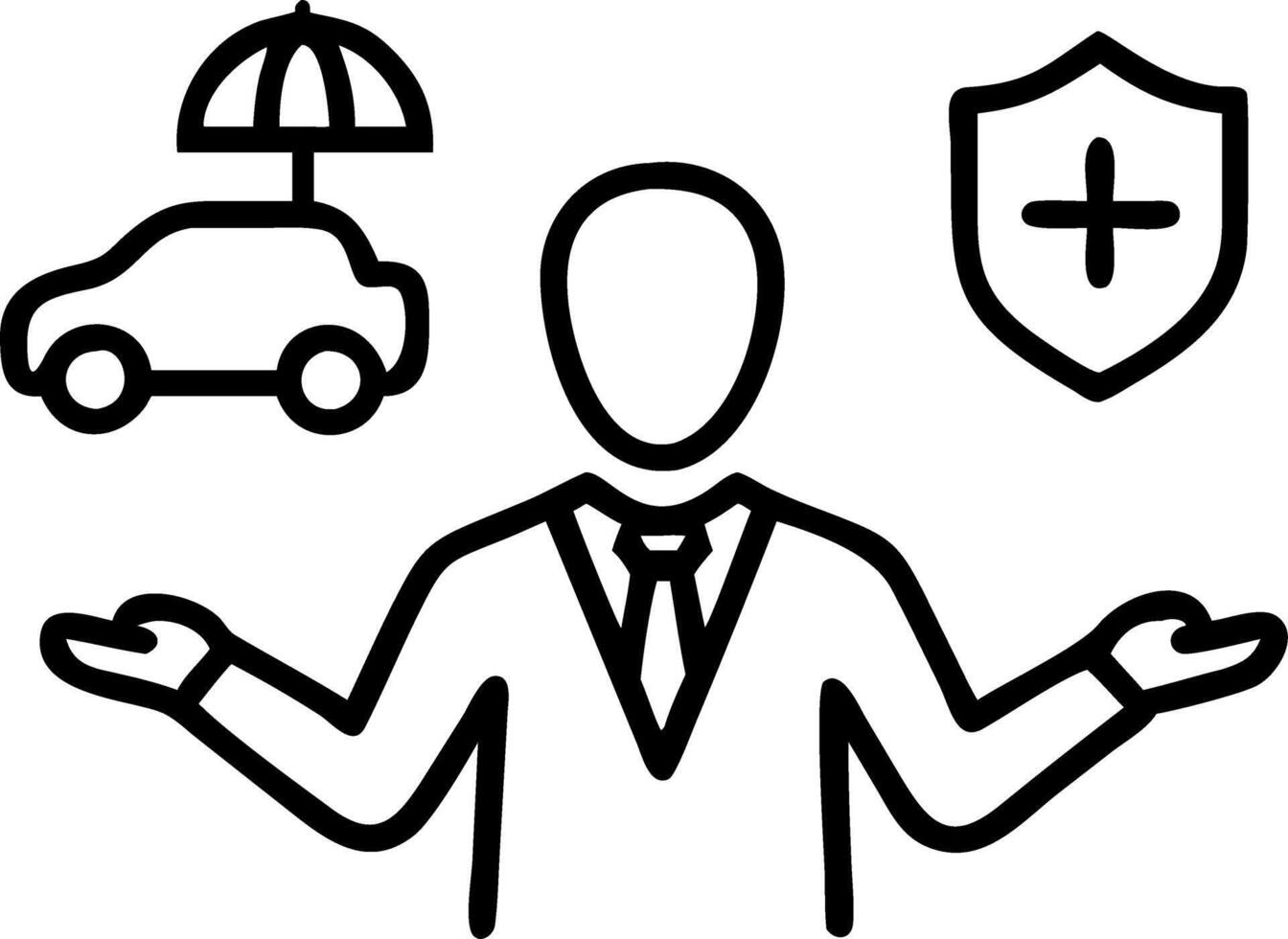 Businessman gestures protectively with insurance icons for car travel family life financial and health insurance symbolizing comprehensive coverage concept as Businessman gestures Clean vector