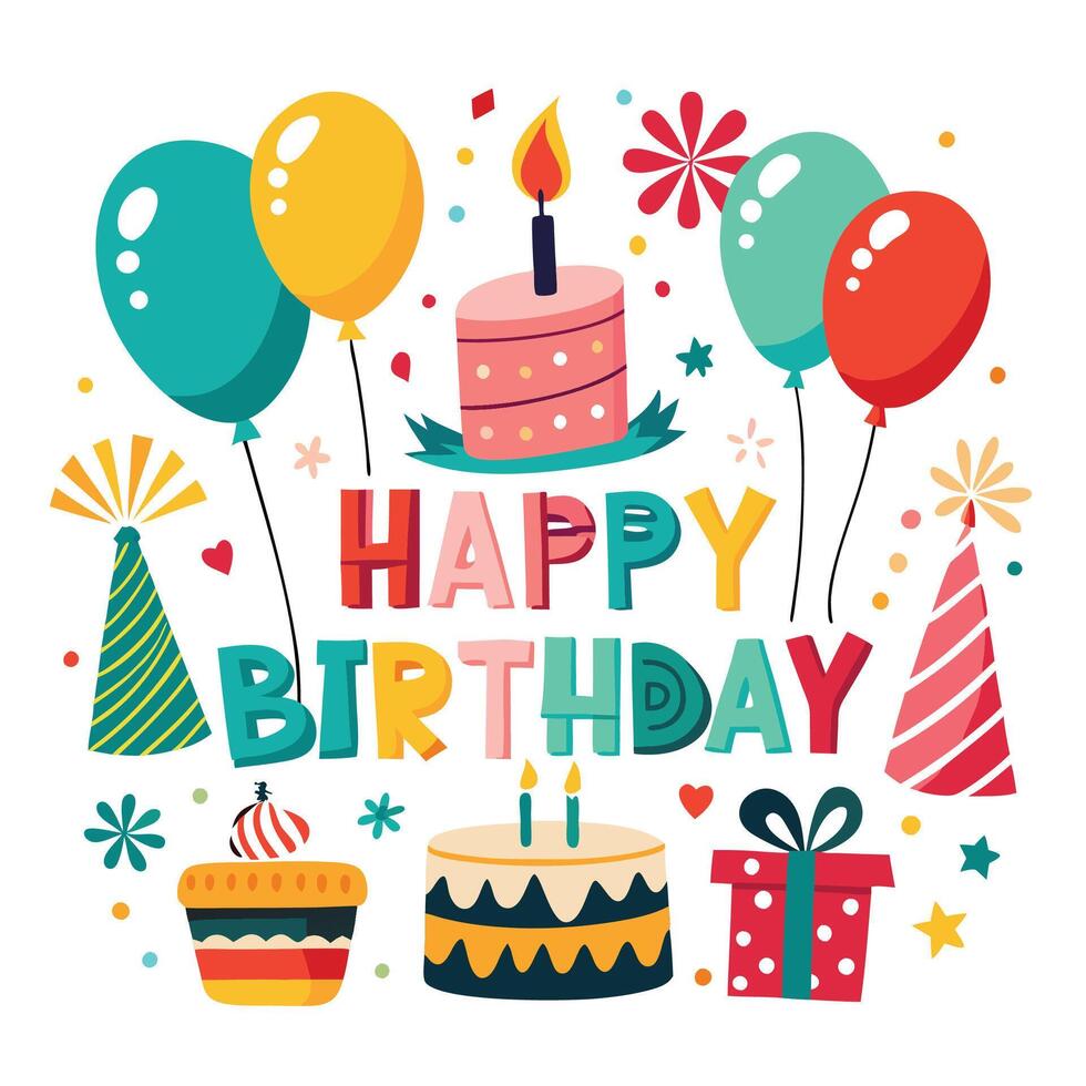 happy birthday card with balloons cake white background vector