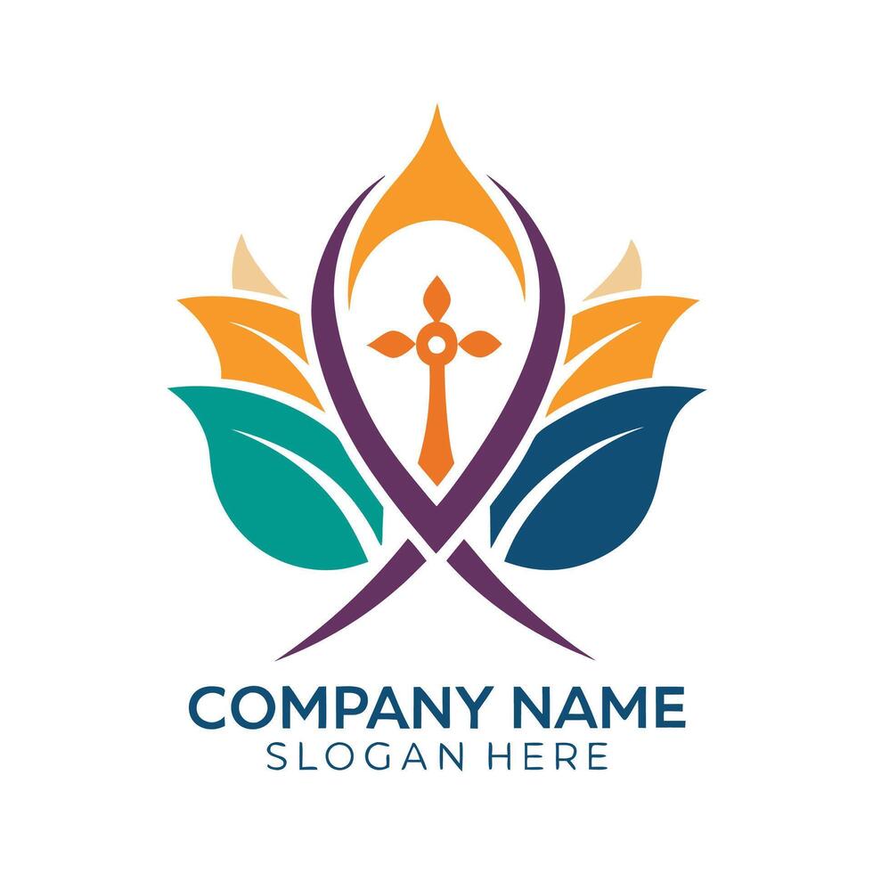 a logo for a church with a cross and leaves white background vector