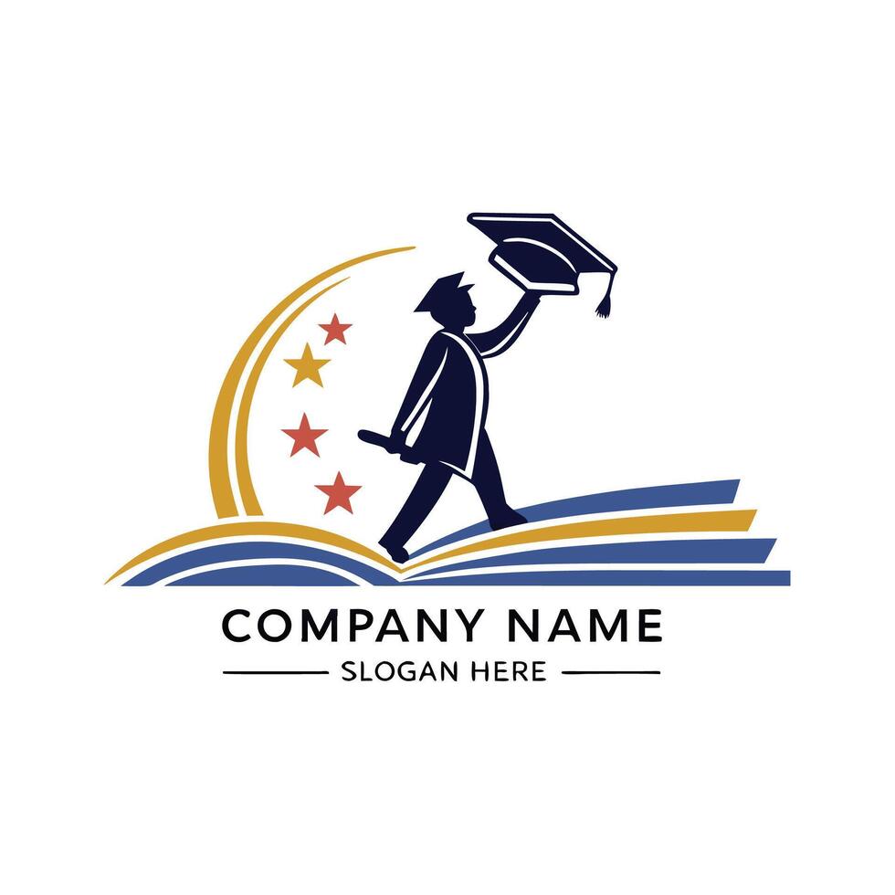 a graduate logo with a man carrying a book white background vector