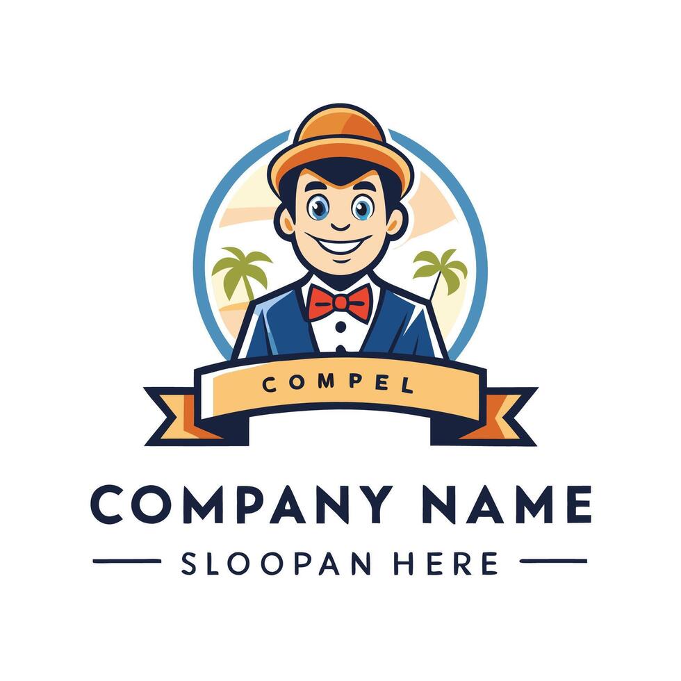 a cartoon man in a bow tie and hat logo white background vector