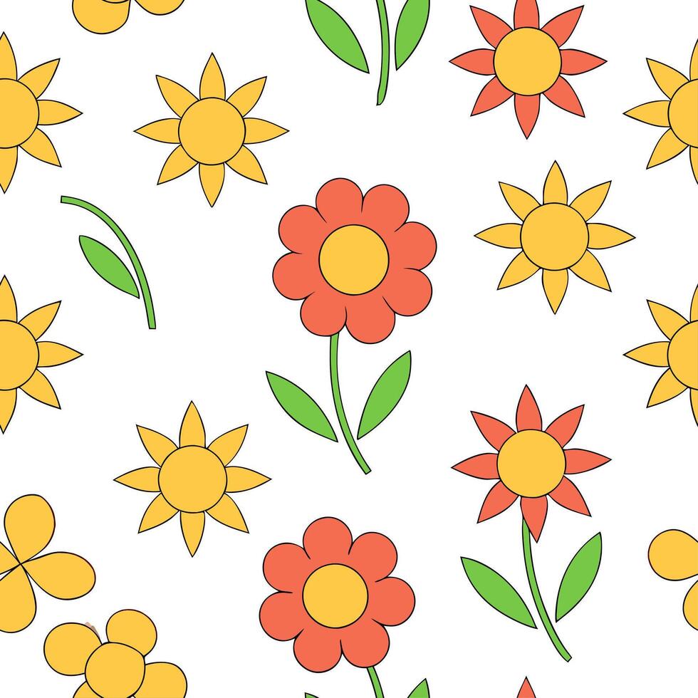 Bright summer seamless pattern with floral blooms and radiant sun beams for a lively cheerful vibe concept as Cheerful floral summer pattern with vibrant blooms and radiant sun bea Clean Set 2 vector