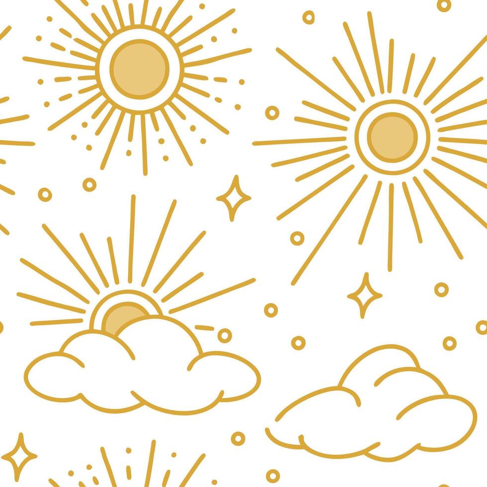 Bright golden sunlight seamless tile pattern with rays filtering through light clouds for a soft spring effect concept as Rays of bright golden sunlight filter through soft clouds Clean vector