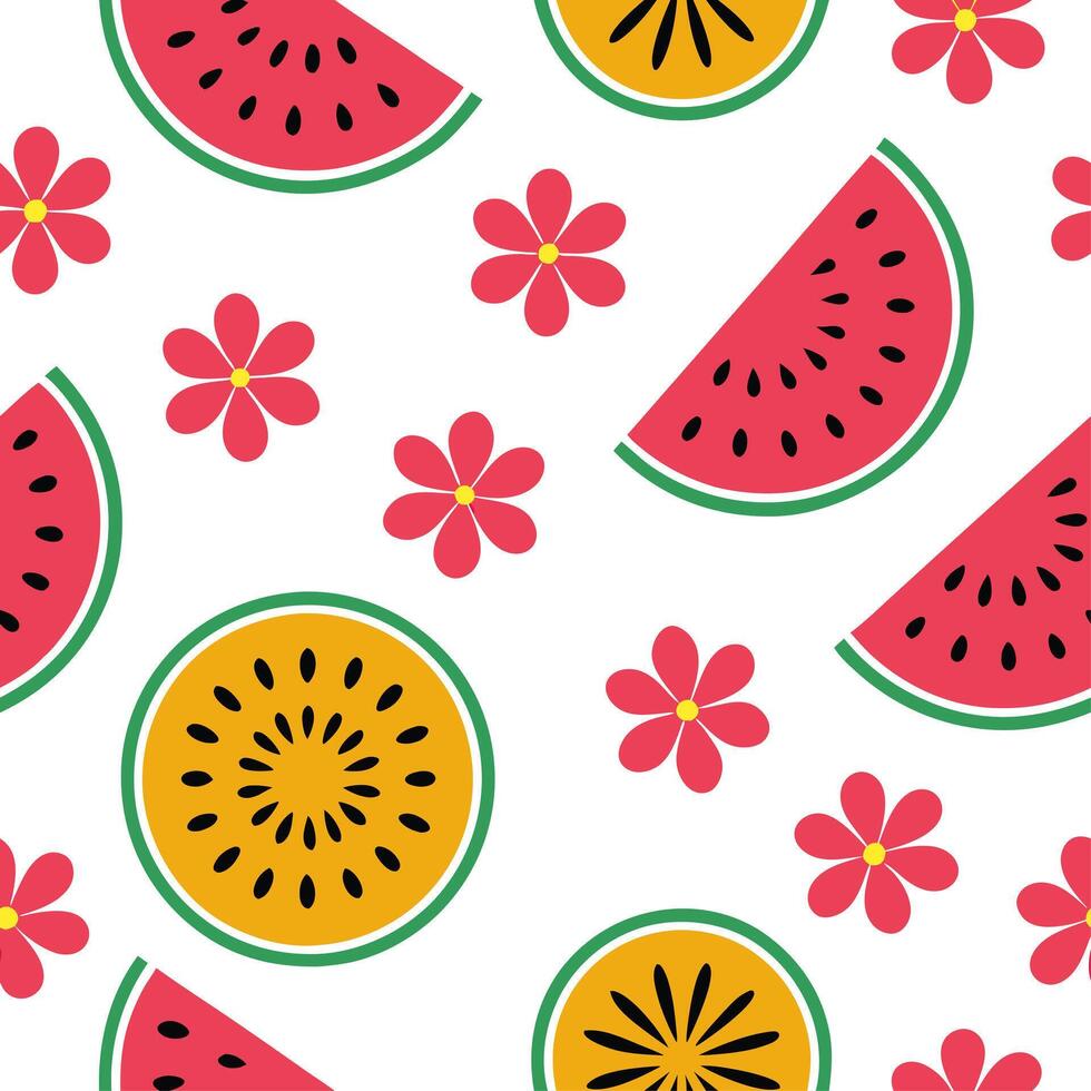 Bold summer seamless pattern with tropical fruit slices and bright floral accents for a fun tropical look concept as Tropical fruit and flower pattern with bold slices and bright c Clean Set 2 vector